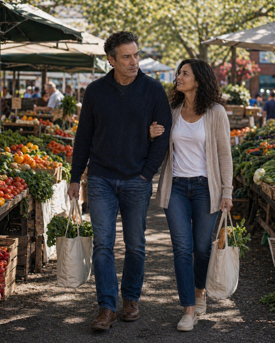 Tony Iavarone walking through a market with his wife