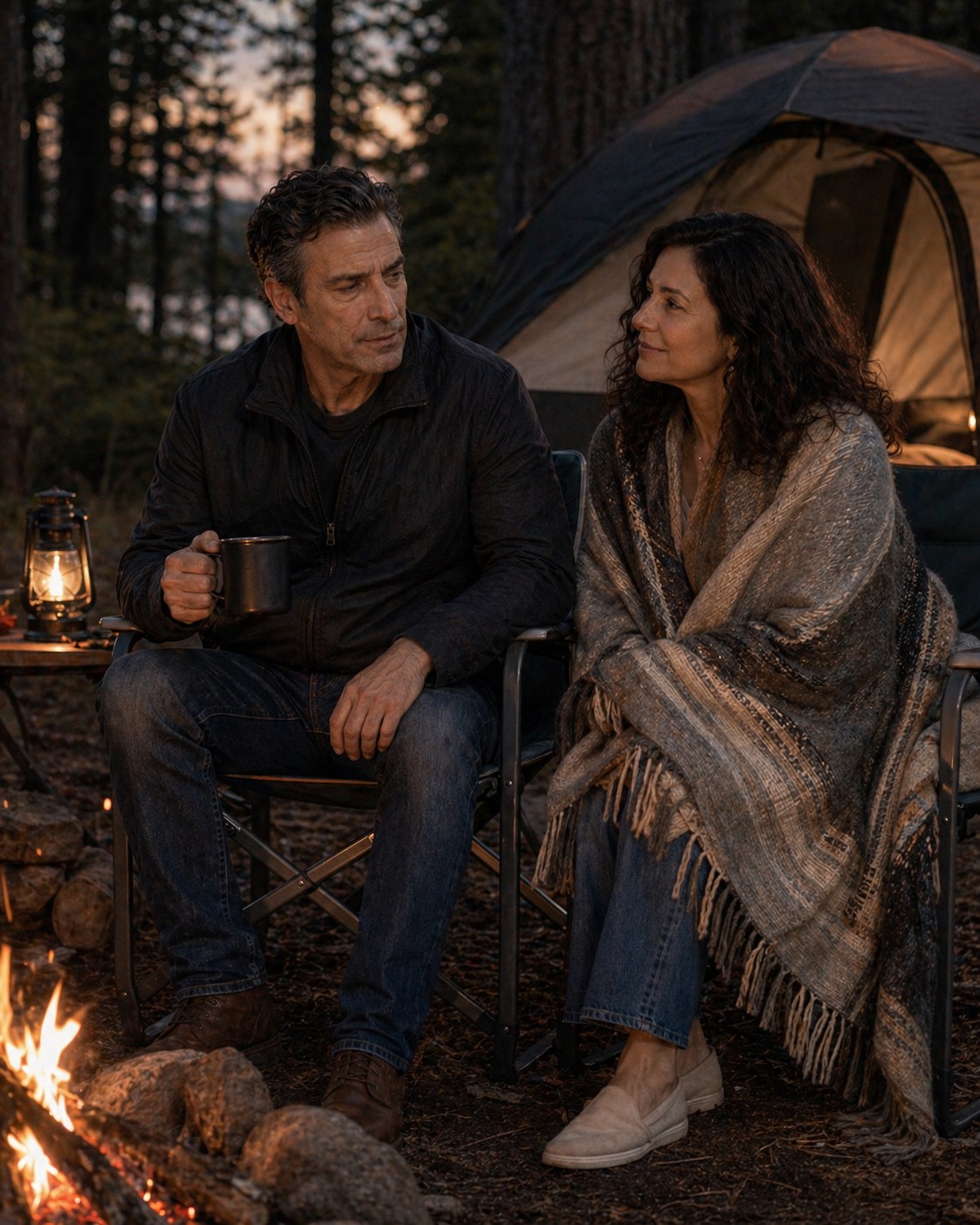 Tony Iavarone relaxing at a campfire with his wife