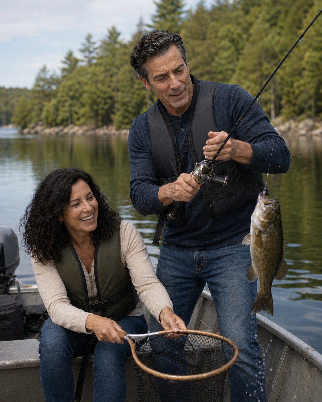 Tony Iavarone fishing outdoors with his wife on a peaceful Ontario lake