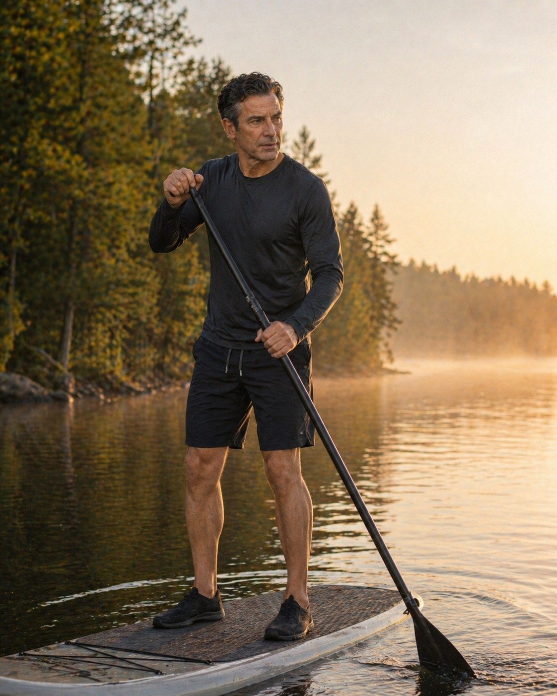 Tony Iavarone paddle boarding on a quiet Ontario lake
